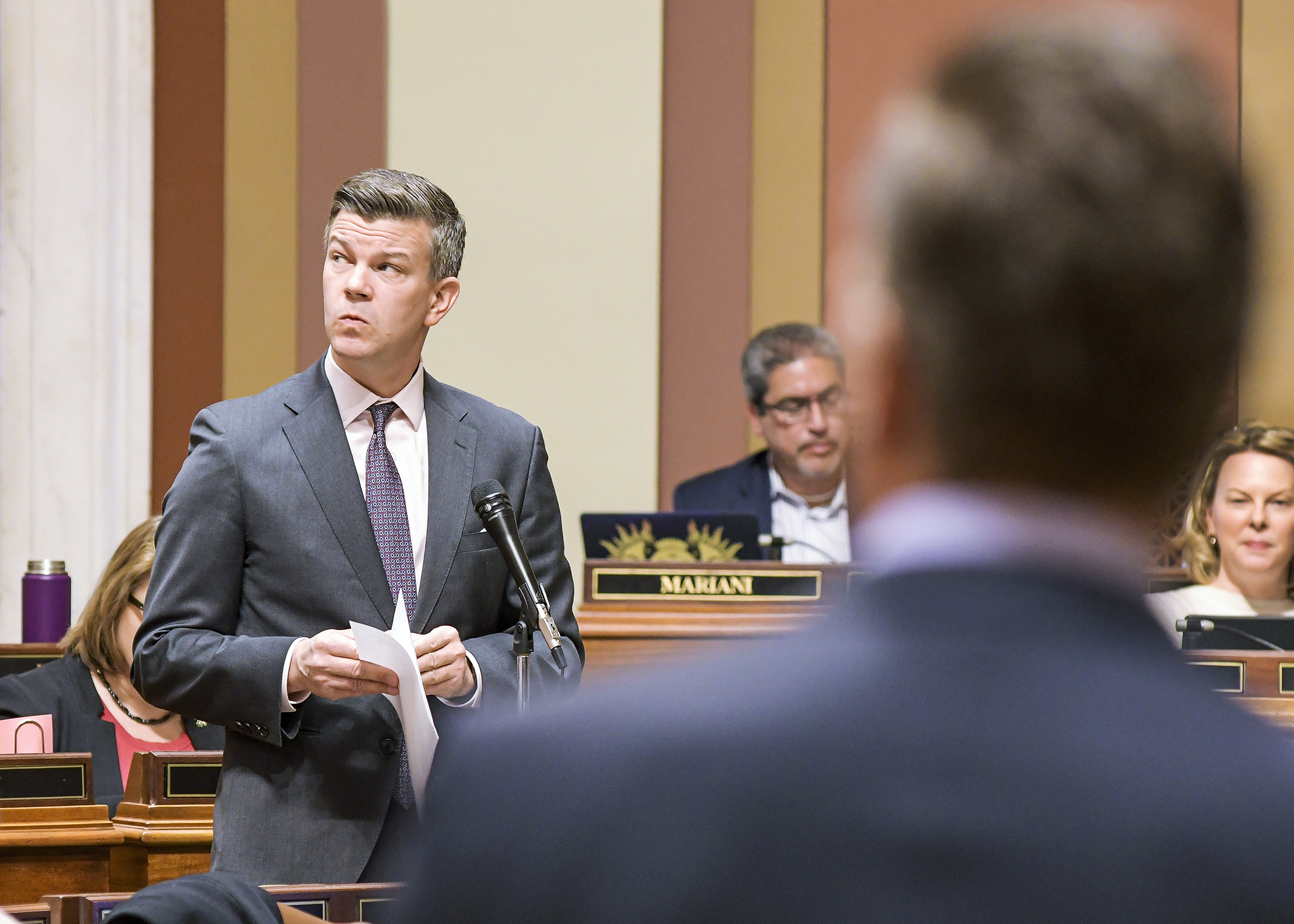 House Majority Leader Ryan Winkler (DFL-Golden Valley) keeps an eye on the clock in 2019. Rep. Mike Freiberg (DFL-Golden Valley) sponsors legislation that would move the state full-time to daylight saving time. House Photography file photo